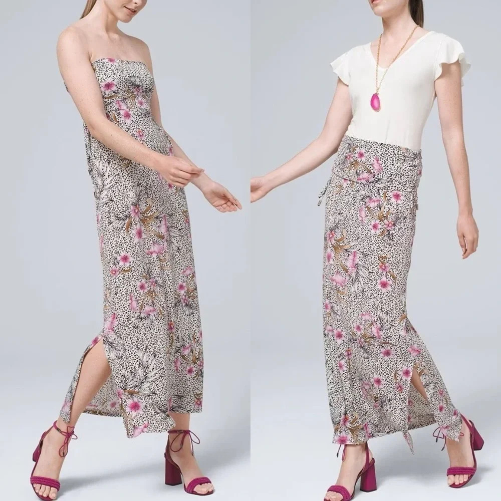 WHBM Strapless Convertible Matte Jersey Dress Maxi Skirt Sunset Floral Animal